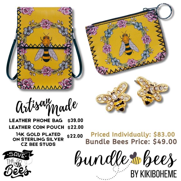Bee Bundle DEAL Leather Crossbody Phone Bag - Earrings - Leather Coin Pouch NEW - Picture 1 of 10